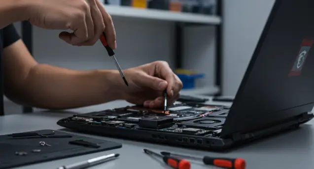MSI laptop tamiri yapan teknisyen, ekran değişimi işlemi gerçekleştiriyor.