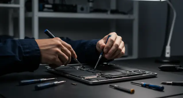Profesyonel teknisyen MacBook'u masa üzerinde onarıyor, iç bileşenler açık